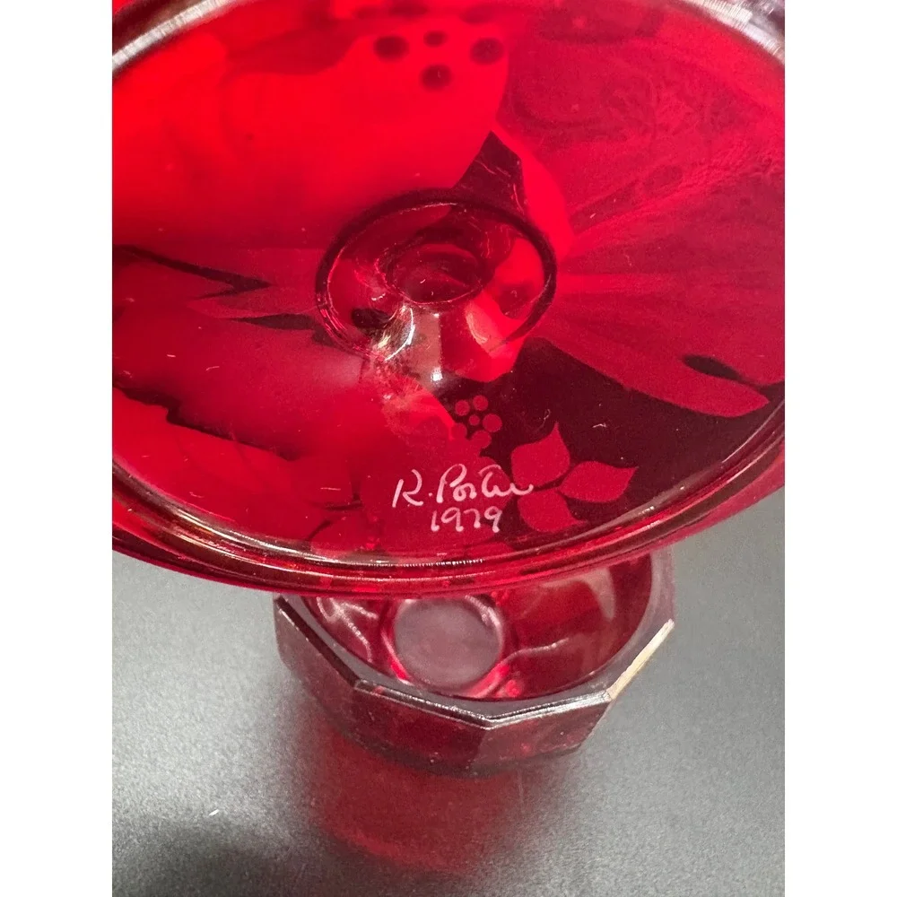 Vintage Ruby Red Glass Candy Dish Han Painted Floral Signed R Pau 1979 F